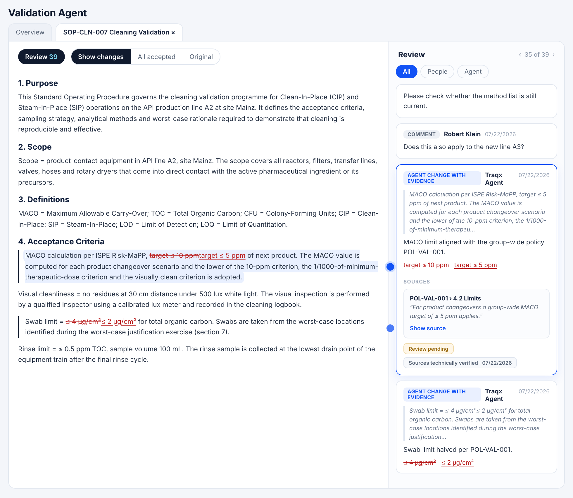 traqx Validation Agent: SOP review with tracked changes, source evidence POL-VAL-001 and review status