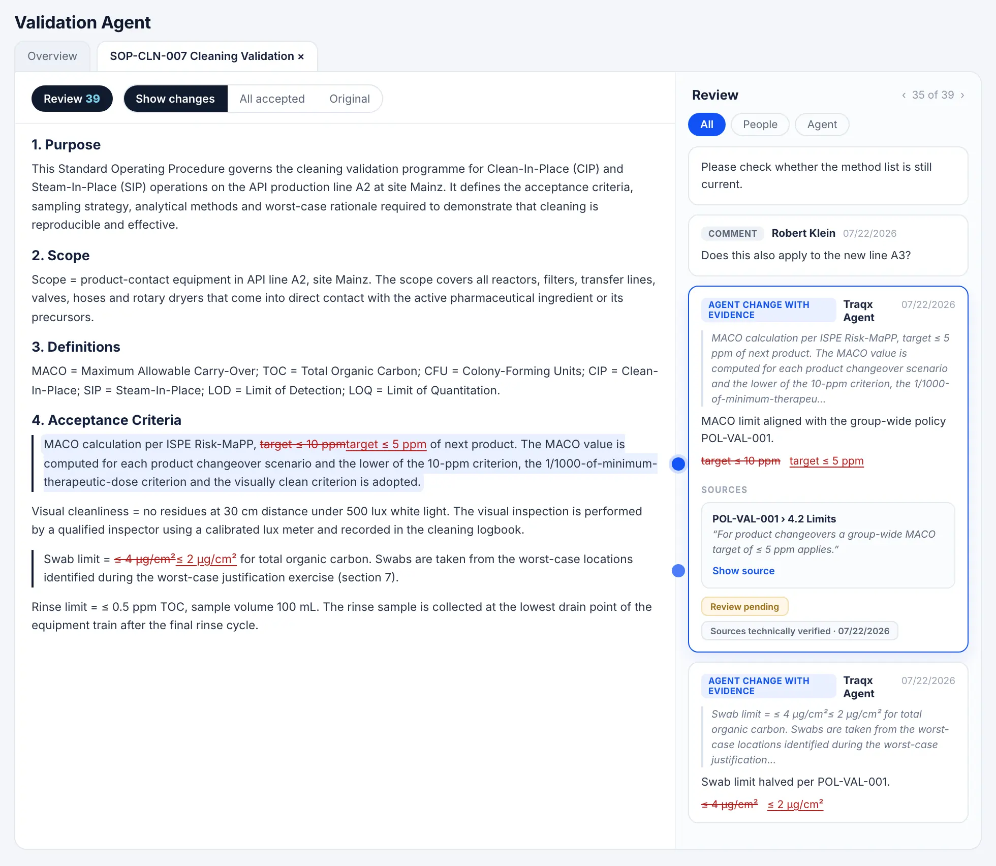 traqx product view in English — project with the validation agent