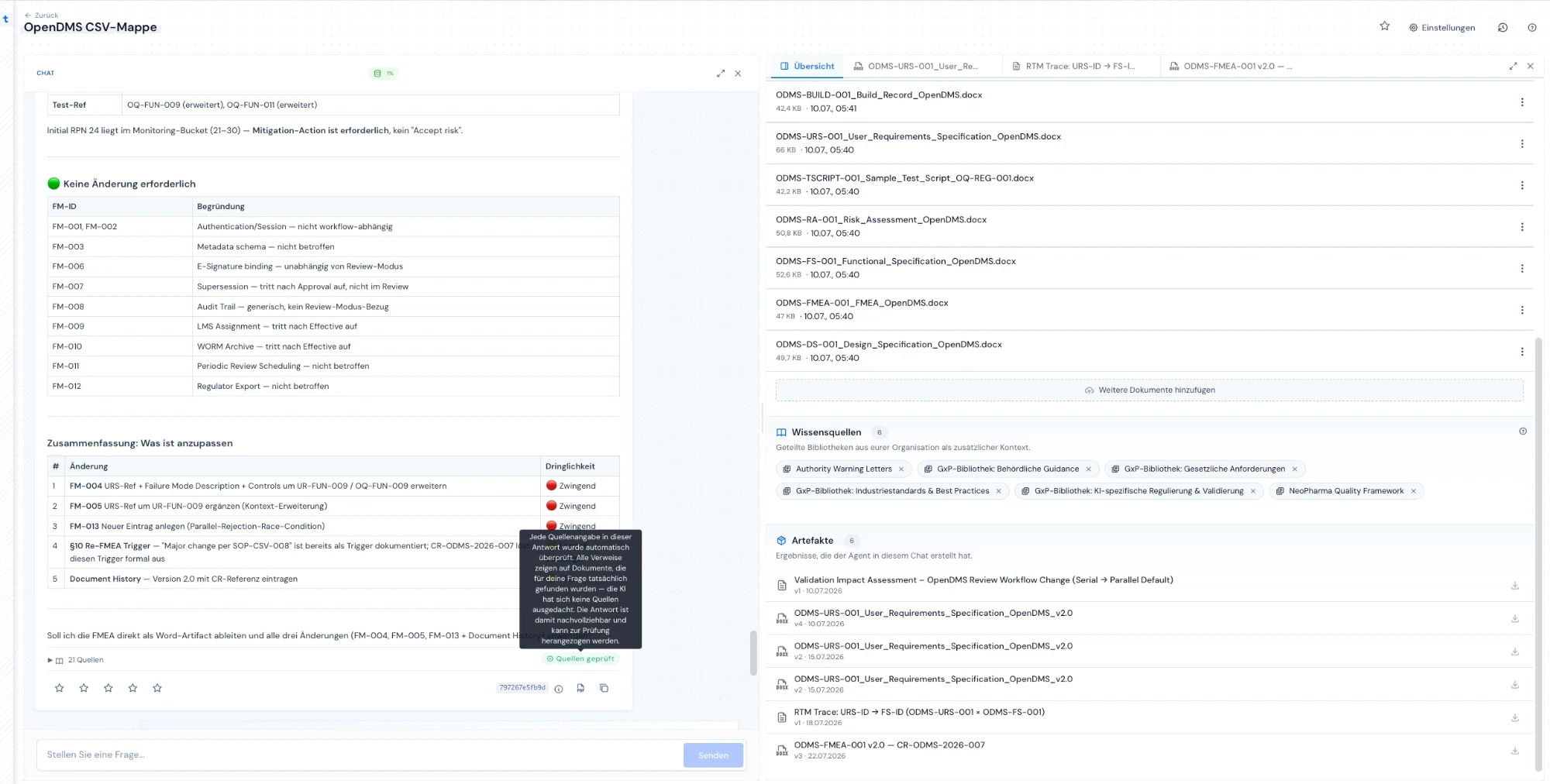 traqx binder with artifact overview and usage badge in the chat — synthetic demo project