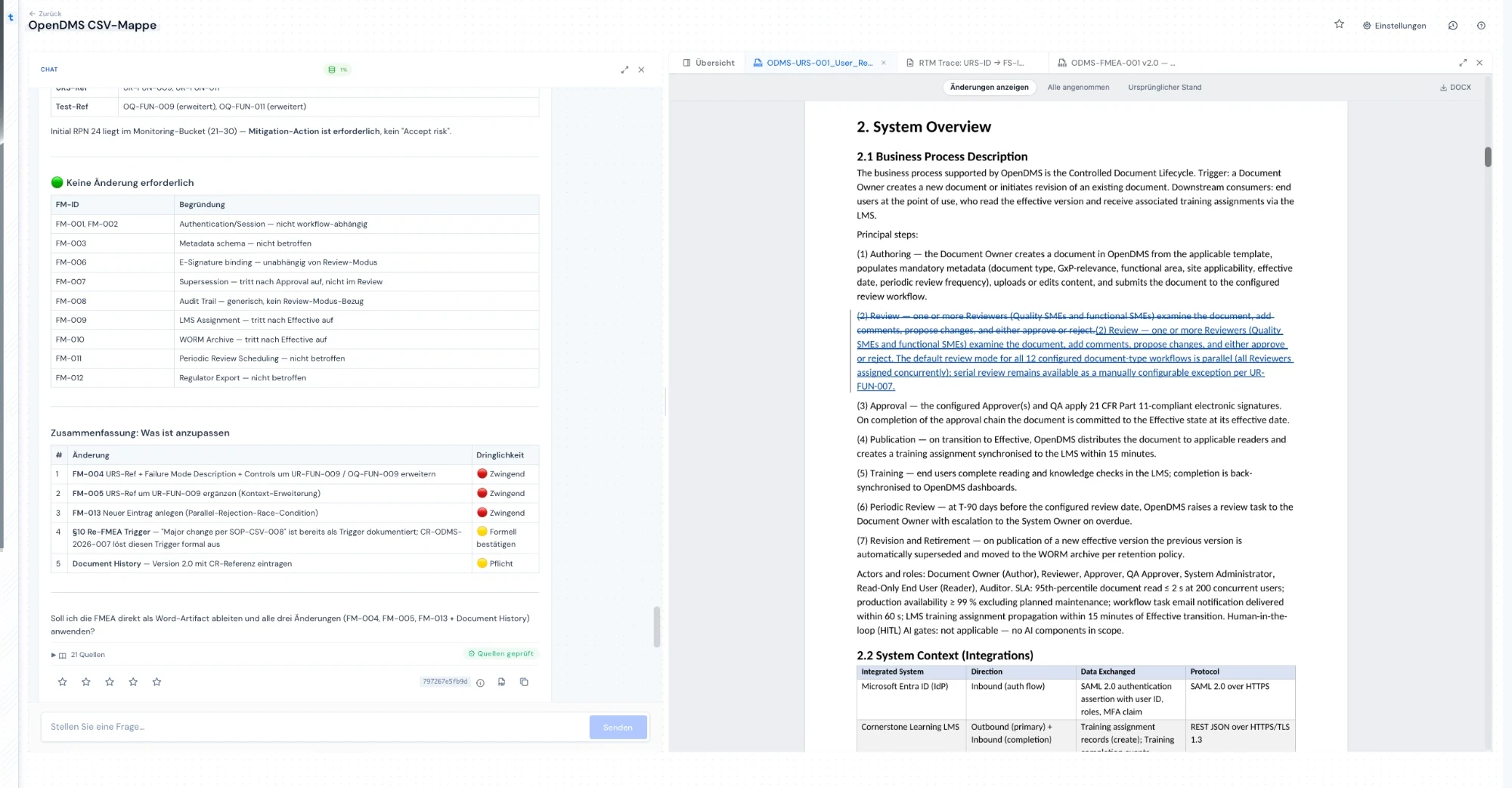 Agent answer with verified sources next to the Word working version — synthetic demo project