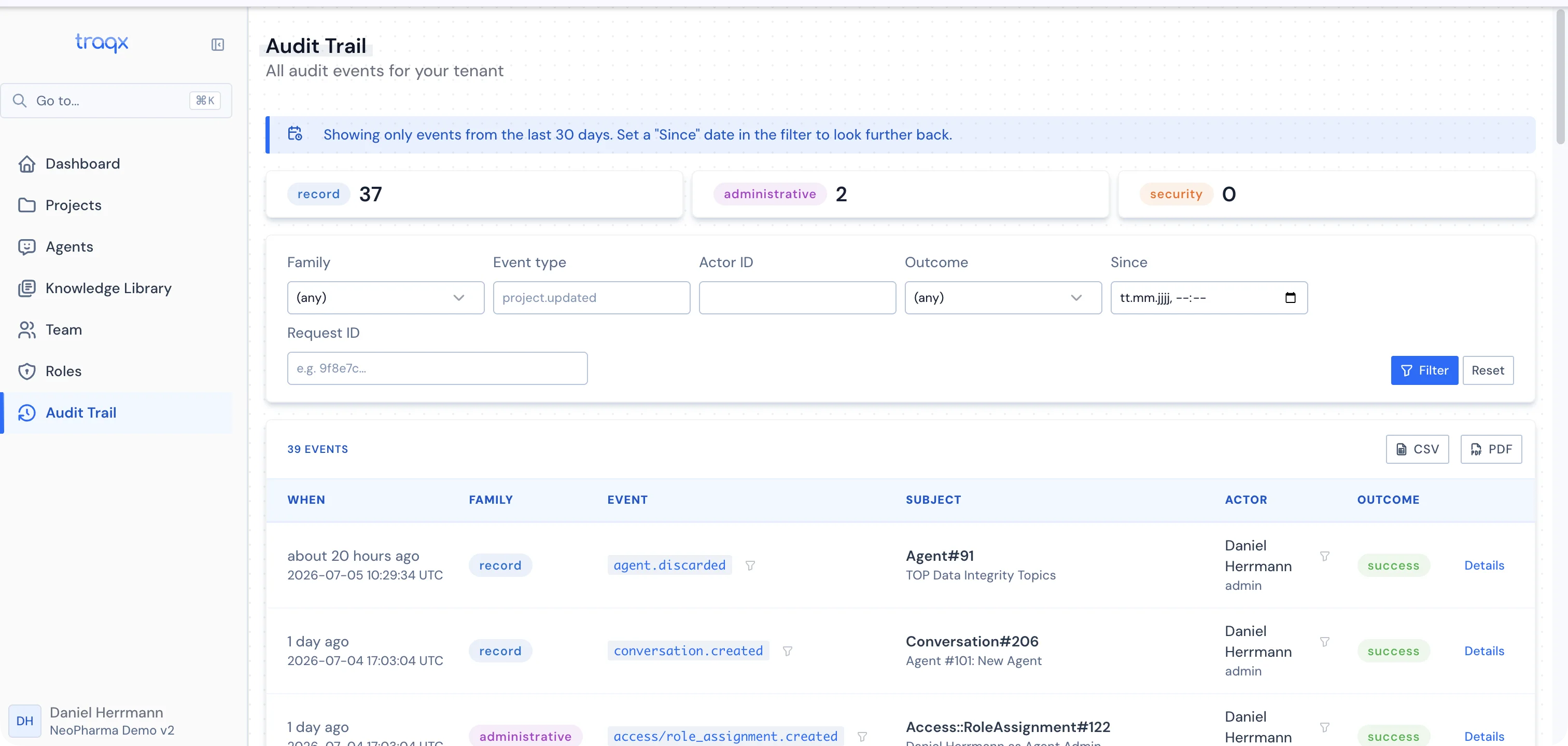 traqx audit trail with filters, event list and export — synthetic demo project