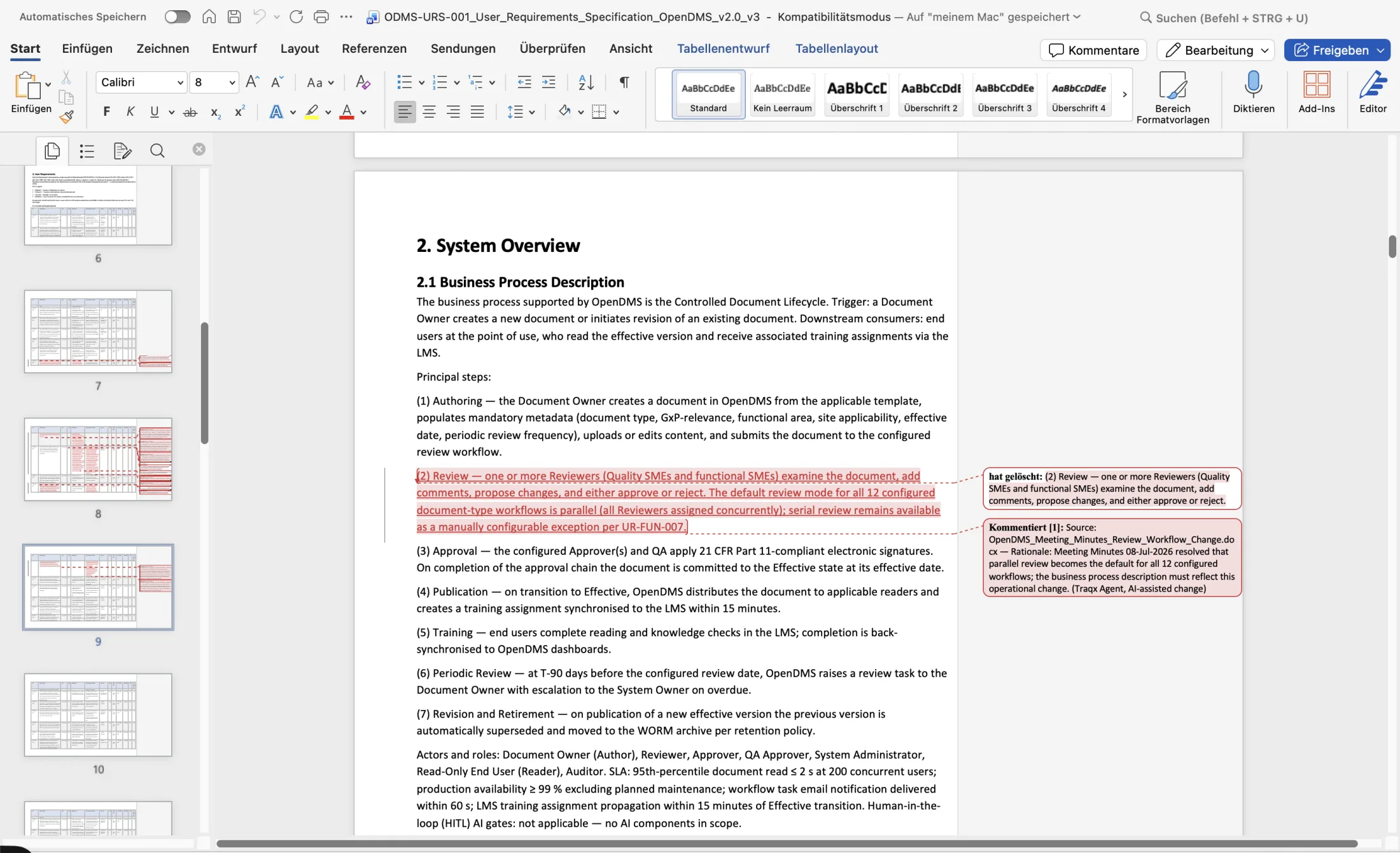 Word-Dokument mit nachverfolgter Änderung und Quellenkommentar